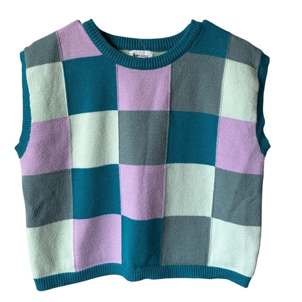&. Merci Multi-Colored Colorful Checkered Pattern Sweater Vest Sz L Preppy